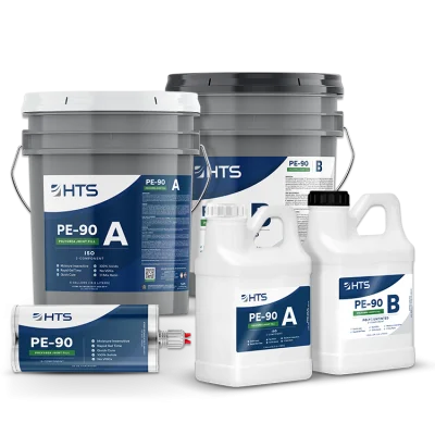 Various containers of HTS PE-90, including large buckets labeled "A" and "B," a cylindrical tube, and smaller jugs. The products are designed for industrial or commercial use.