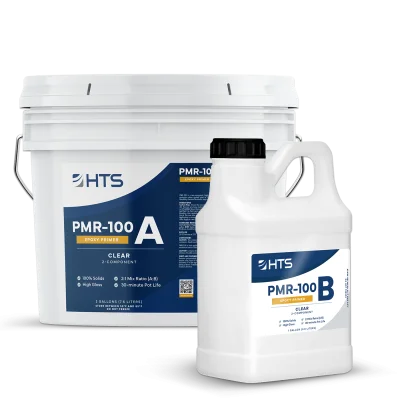 Two containers of PMR-100 epoxy primer. A large bucket labeled "PMR-100 A" and a smaller bottle labeled "PMR-100 B." Both are clear components for epoxy application, featuring branding from HTS.
