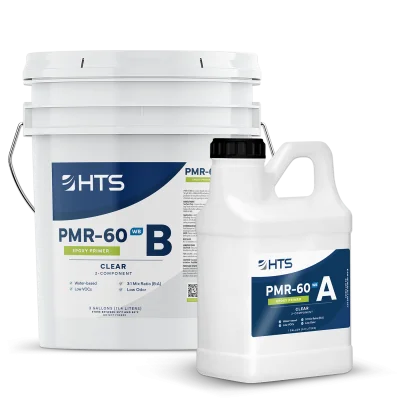 Containers of PMR-60 epoxy primer, one large white bucket labeled "HTS PMR-60 WB B" and a smaller white jug labeled "HTS PMR-60 WB A." Both are clear, two-component products for use in coatings.