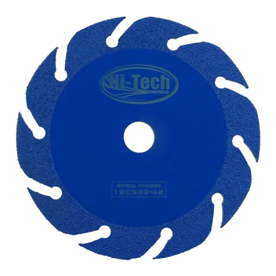 Blue circular saw blade with serrated edges and the Hi-Tech brand logo in the center.