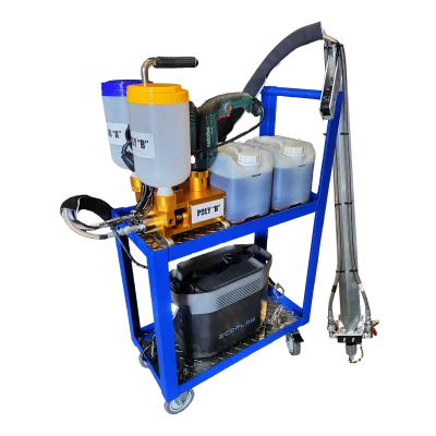 Industrial polyurethane foam injection machine on a blue cart with labeled canisters, pumps, and a power drill, situated in a workshop setting.