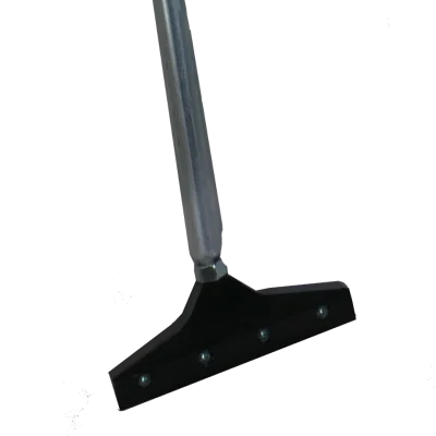 Close-up view of a window squeegee with a silver handle and a black rubber blade against a partially transparent background.