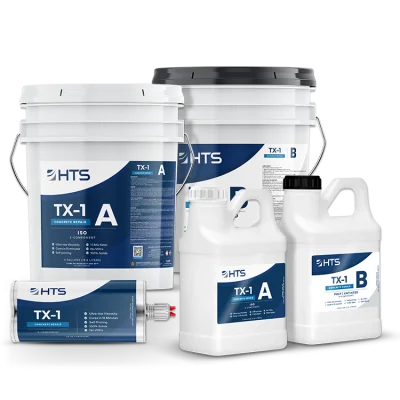 Various containers of TX-1 products from HTS, including large buckets labeled A and smaller bottles labeled A and B, along with a tube of TX-1.